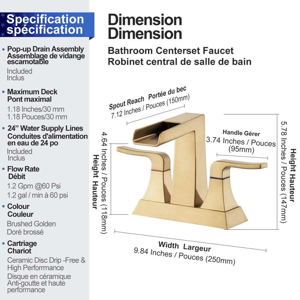 A2 Centerset Faucet 4-inch 2-Handle Bathroom Faucet with Drain Assembly in Brushed Gold