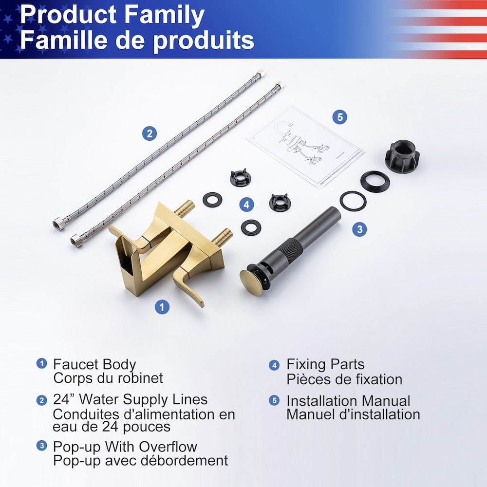 A2 Centerset Faucet 4-inch 2-Handle Bathroom Faucet with Drain Assembly in Brushed Gold