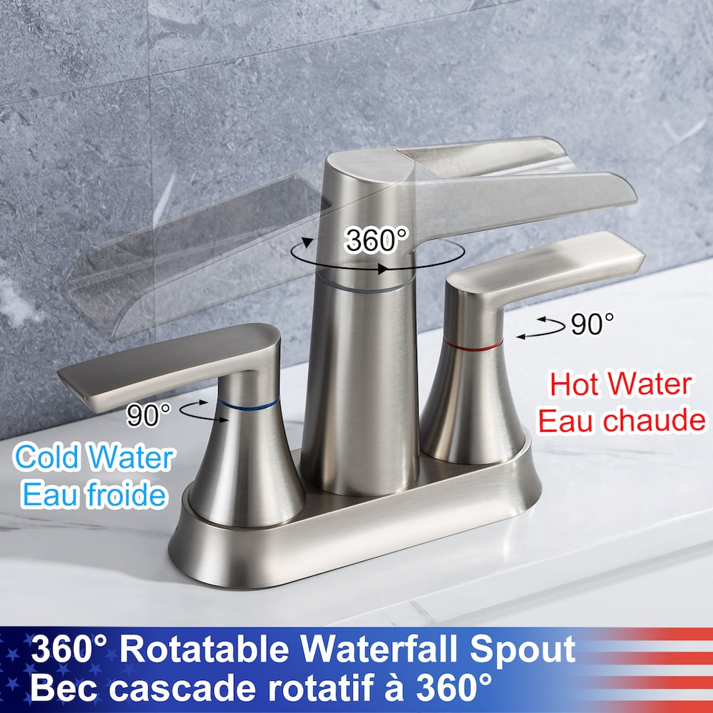 A5 Centerset Faucet 4-inch 2-Handle Bathroom Faucet with Drain Assembly in Brushed Nickel