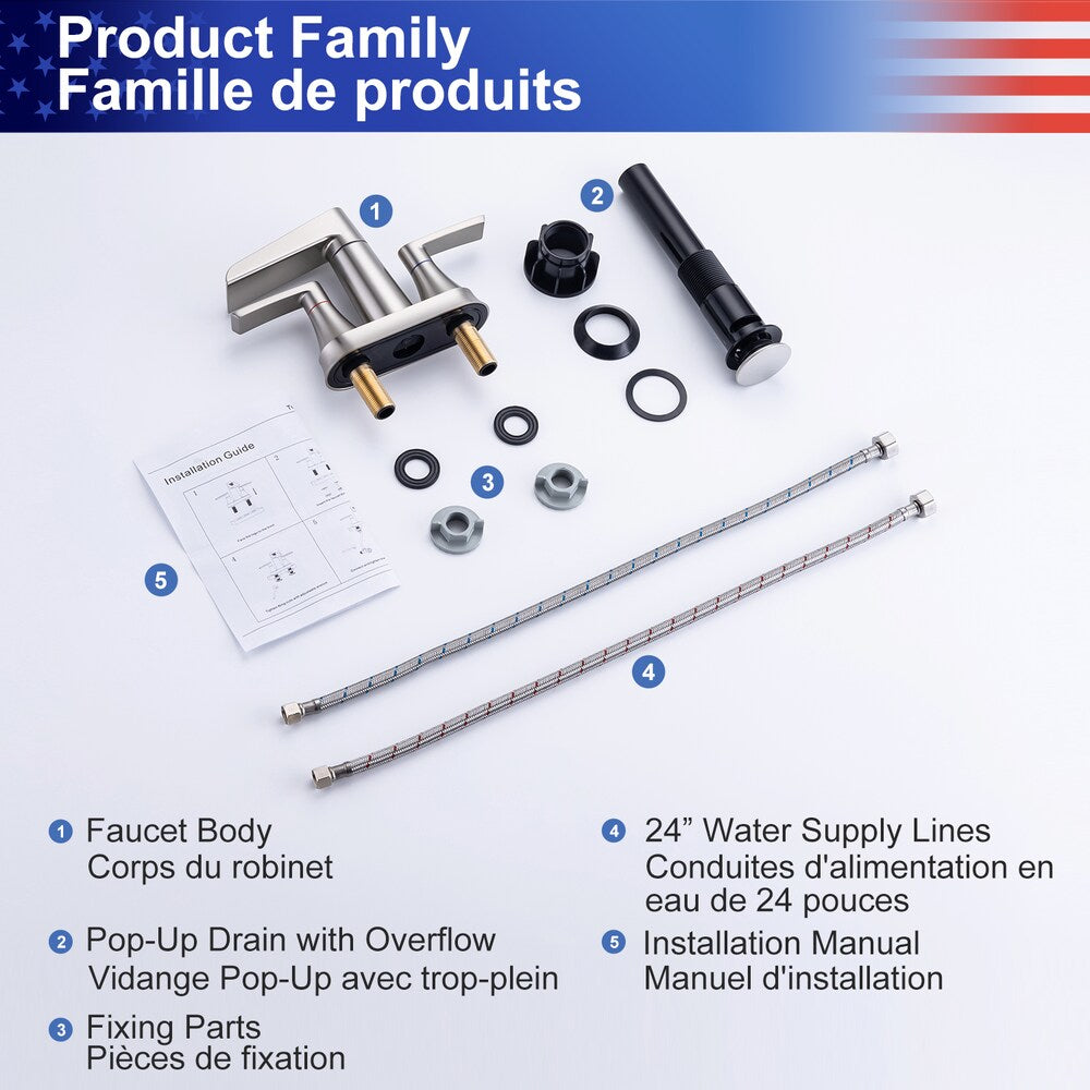 A5 Centerset Faucet 4-inch 2-Handle Bathroom Faucet with Drain Assembly in Brushed Nickel