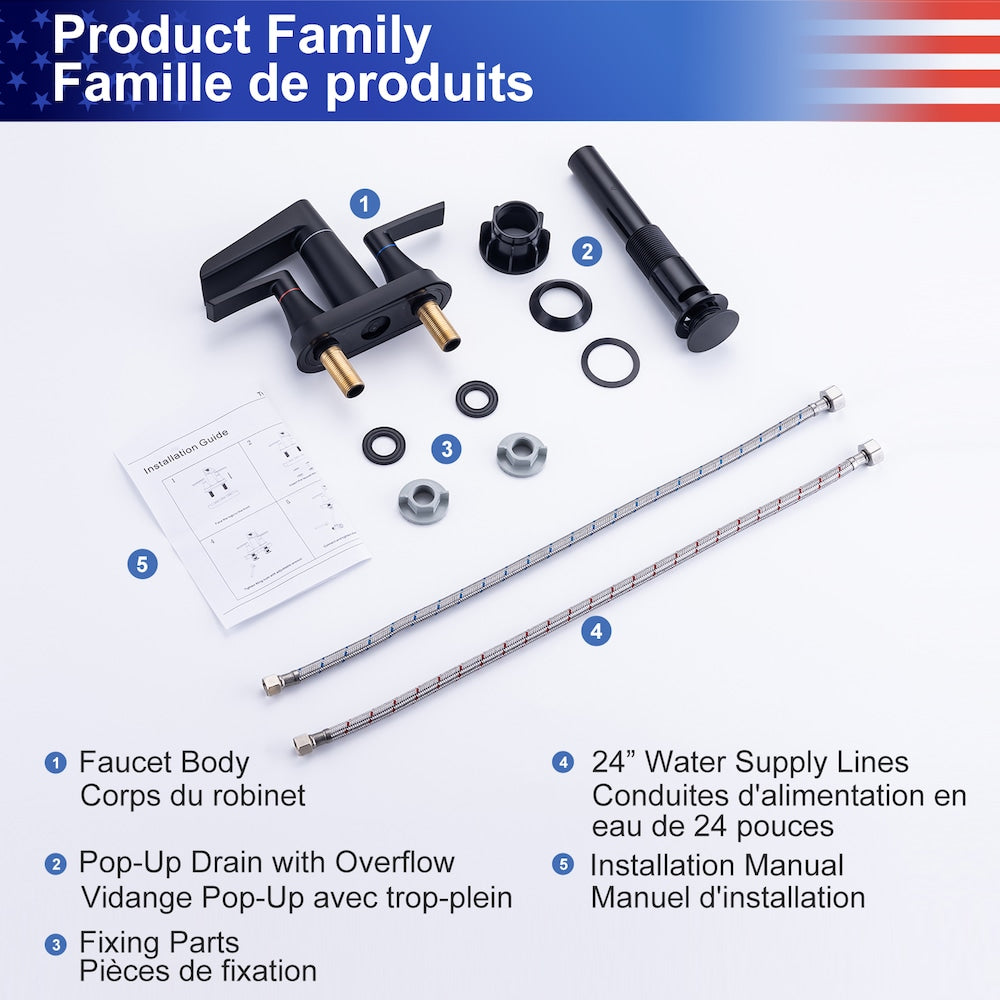 A5 Centerset Faucet 4-inch 2-Handle Bathroom Faucet with Drain Assembly in Matte Black