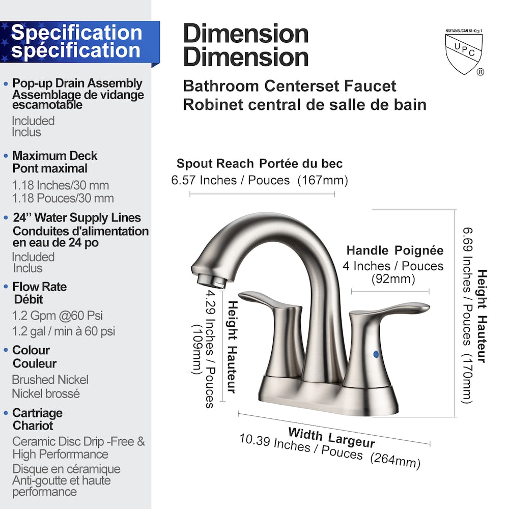A7 Centerset Faucet 4-inch 2-Handle Bathroom Faucet with Drain Assembly in Brushed Nickel