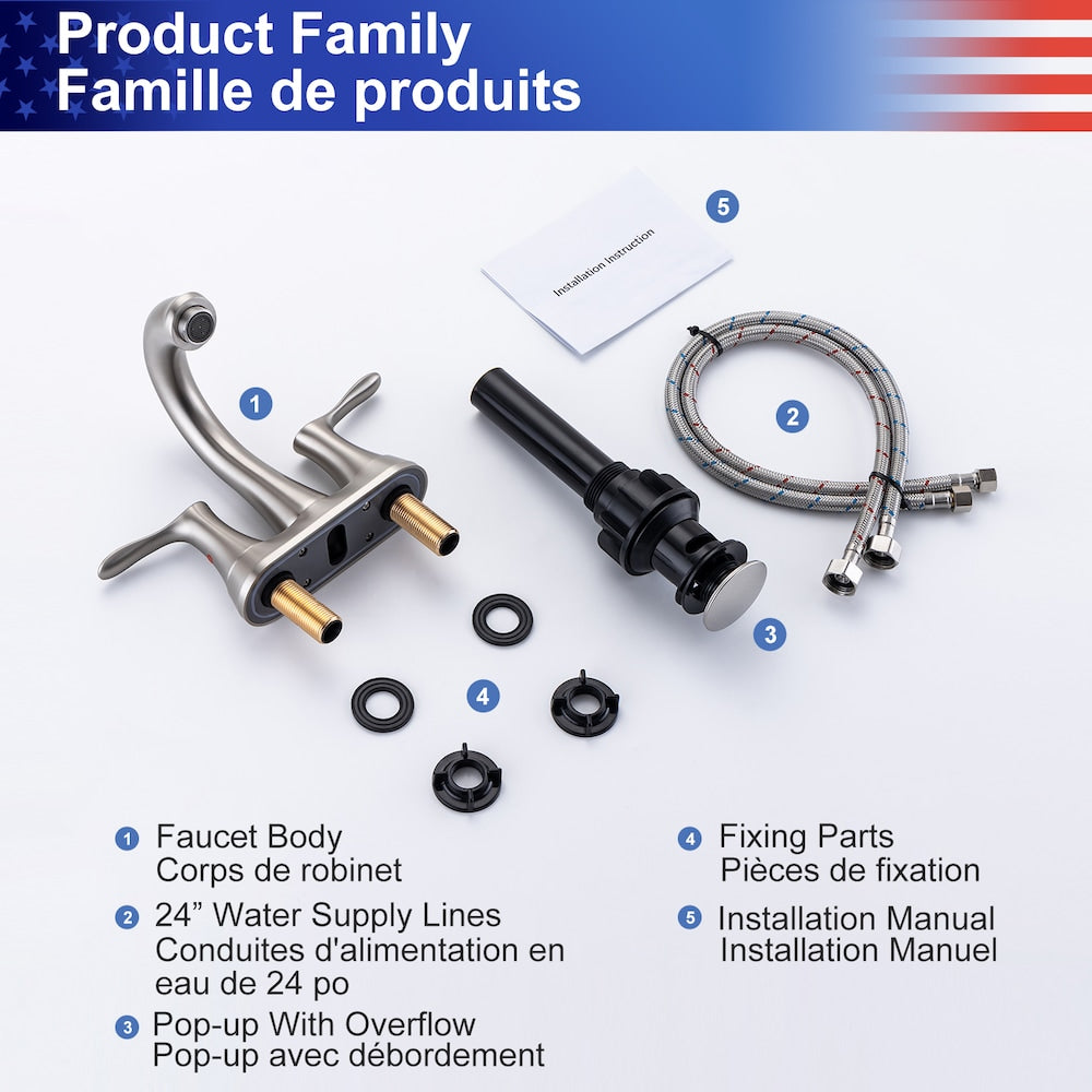 A7 Centerset Faucet 4-inch 2-Handle Bathroom Faucet with Drain Assembly in Brushed Nickel