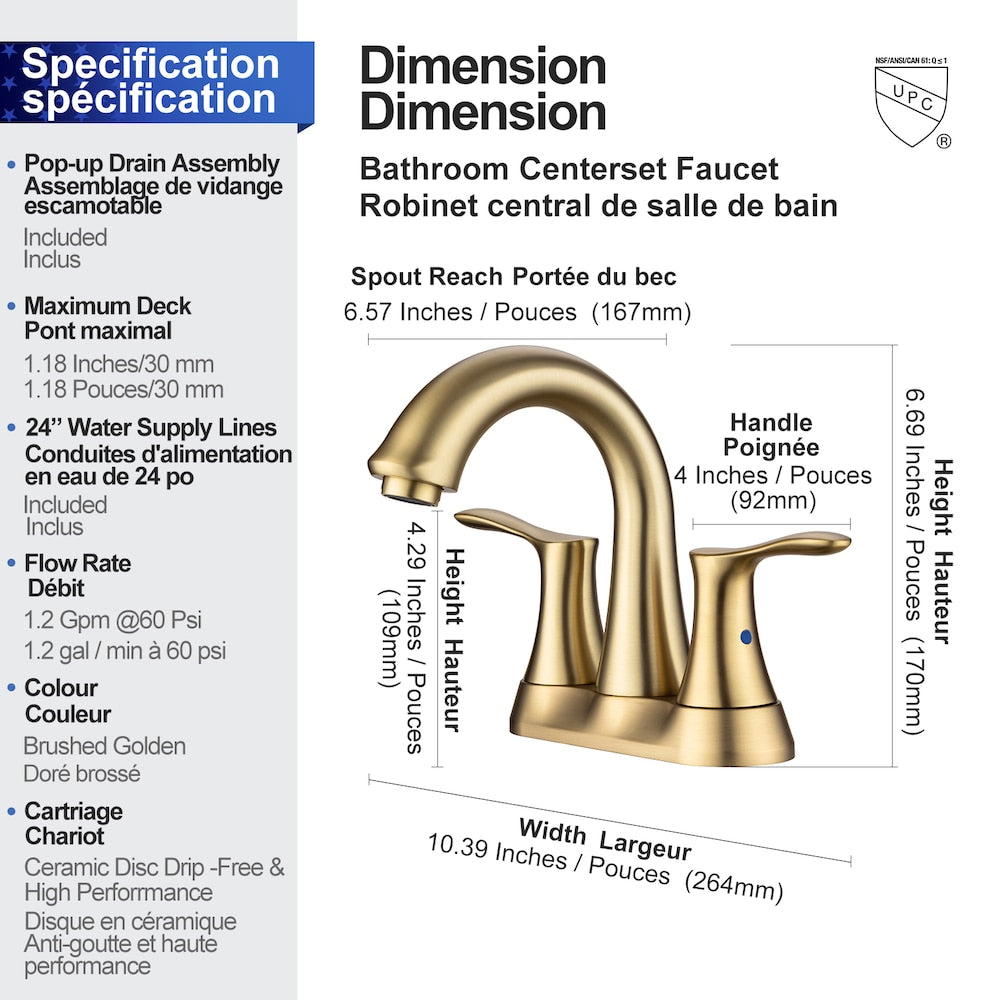 A7 Centerset Faucet 4-inch 2-Handle Bathroom Faucet with Drain Assembly in Brushed Gold