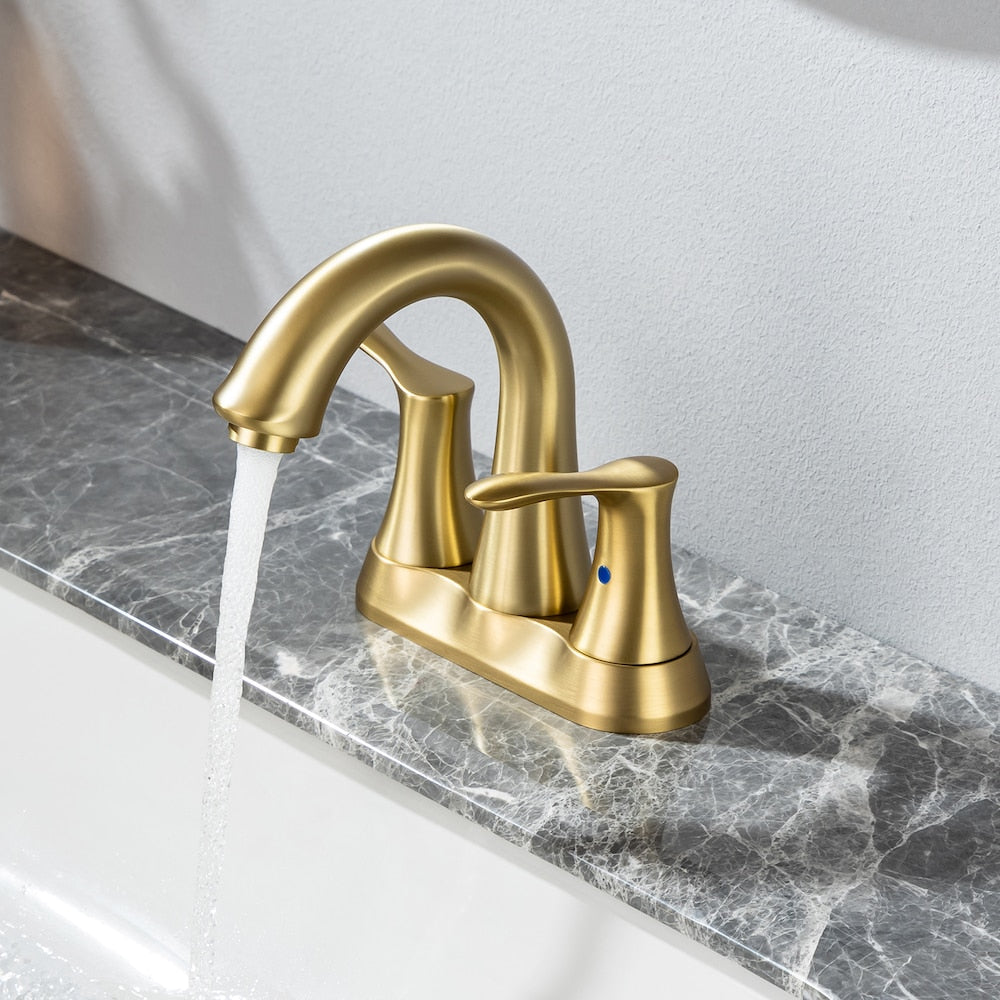 A7 Centerset Faucet 4-inch 2-Handle Bathroom Faucet with Drain Assembly in Brushed Gold