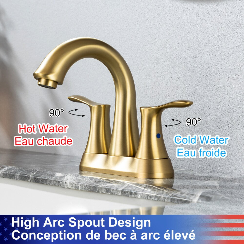 A7 Centerset Faucet 4-inch 2-Handle Bathroom Faucet with Drain Assembly in Brushed Gold