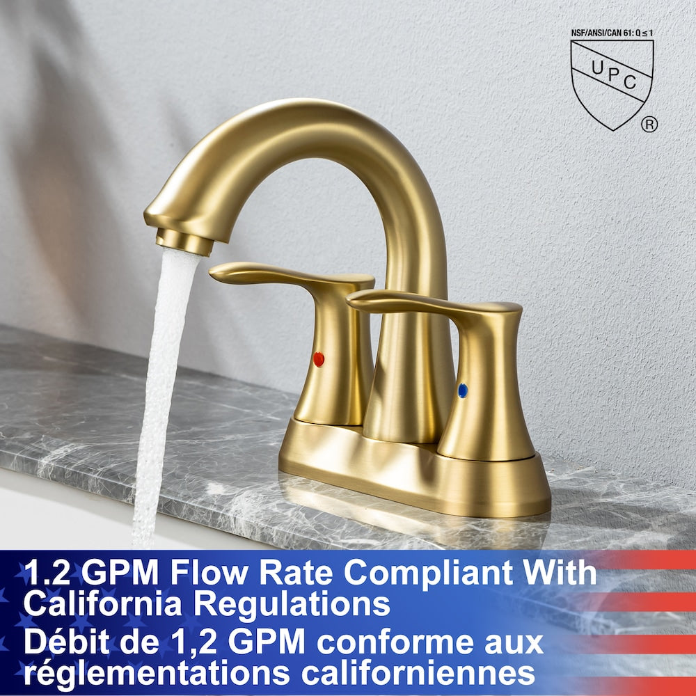 A7 Centerset Faucet 4-inch 2-Handle Bathroom Faucet with Drain Assembly in Brushed Gold