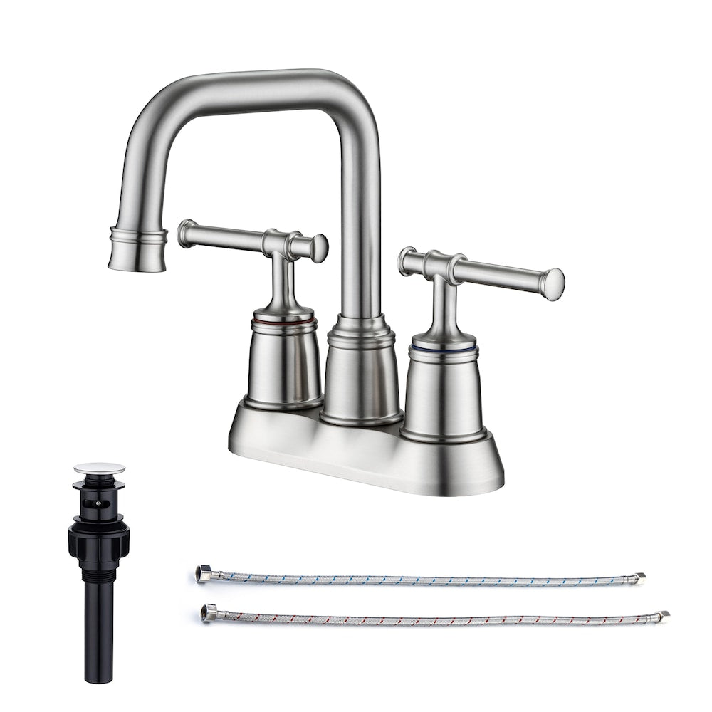 A8 Centerset Faucet 4-inch 2-Handle Bathroom Faucet with Drain Assembly in Brushed Nickel