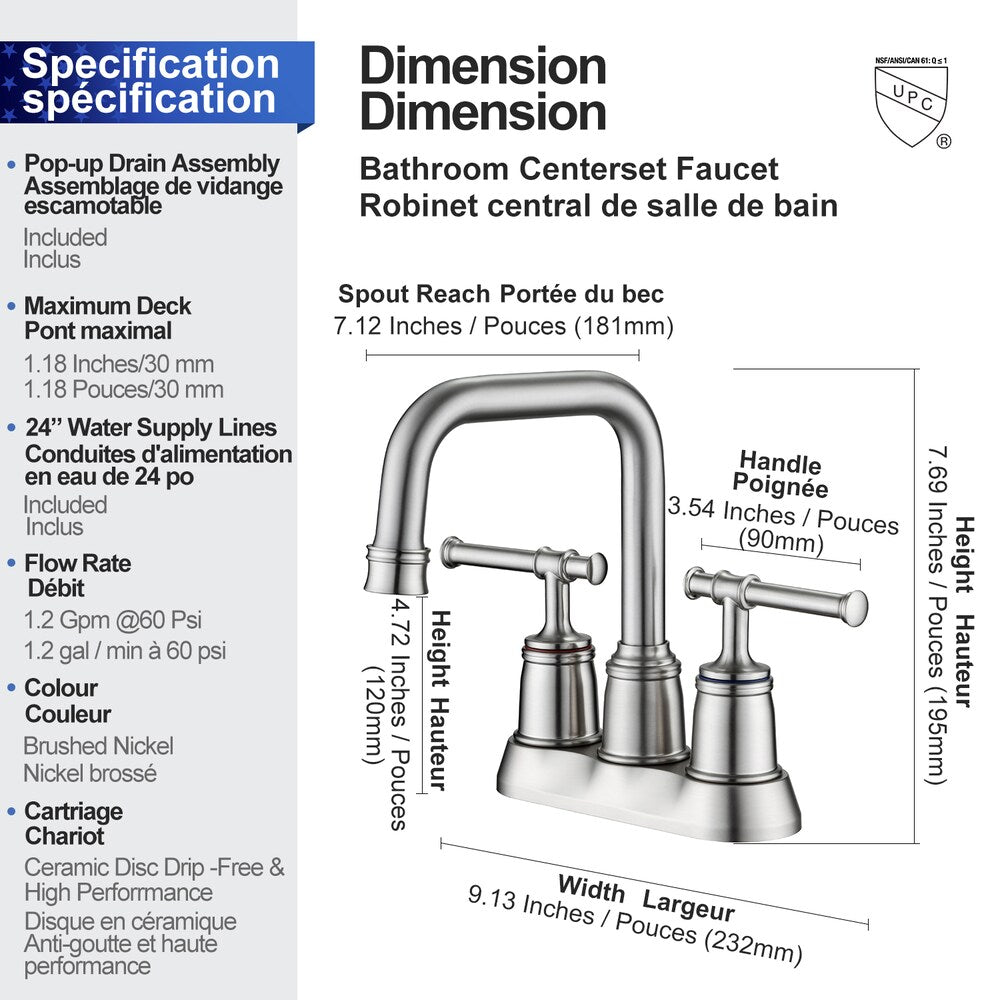A8 Centerset Faucet 4-inch 2-Handle Bathroom Faucet with Drain Assembly in Brushed Nickel