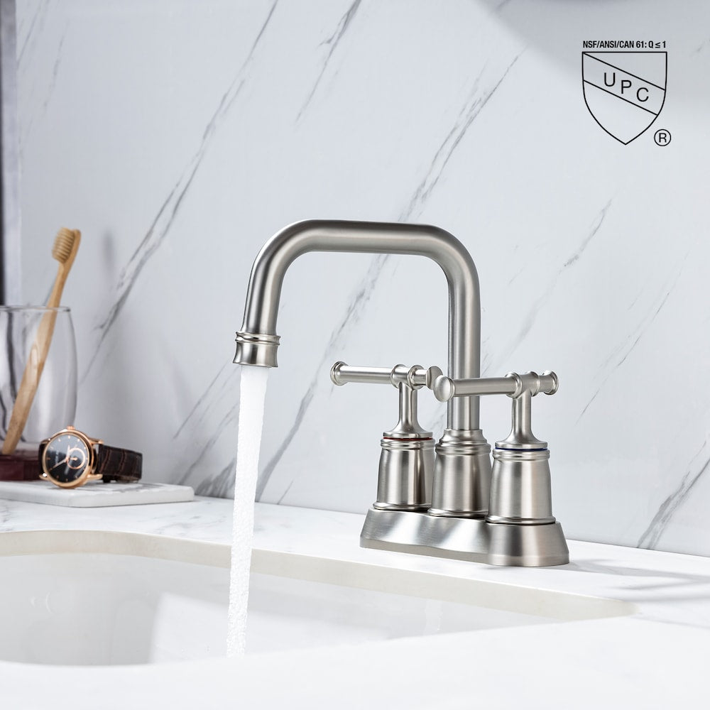 A8 Centerset Faucet 4-inch 2-Handle Bathroom Faucet with Drain Assembly in Brushed Nickel