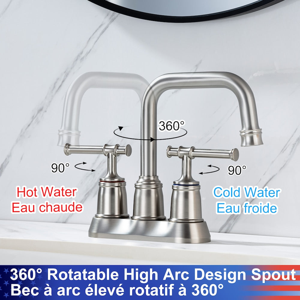 A8 Centerset Faucet 4-inch 2-Handle Bathroom Faucet with Drain Assembly in Brushed Nickel