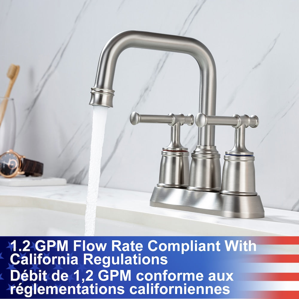 A8 Centerset Faucet 4-inch 2-Handle Bathroom Faucet with Drain Assembly in Brushed Nickel