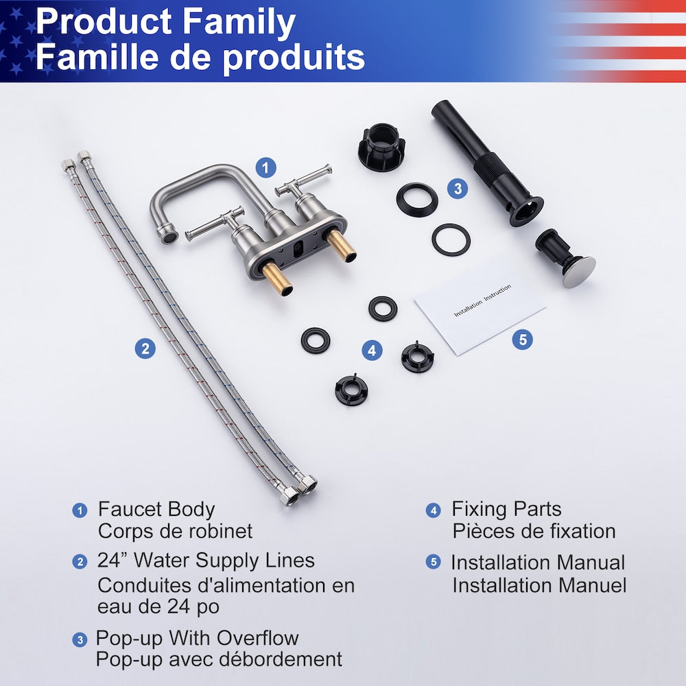 A8 Centerset Faucet 4-inch 2-Handle Bathroom Faucet with Drain Assembly in Brushed Nickel