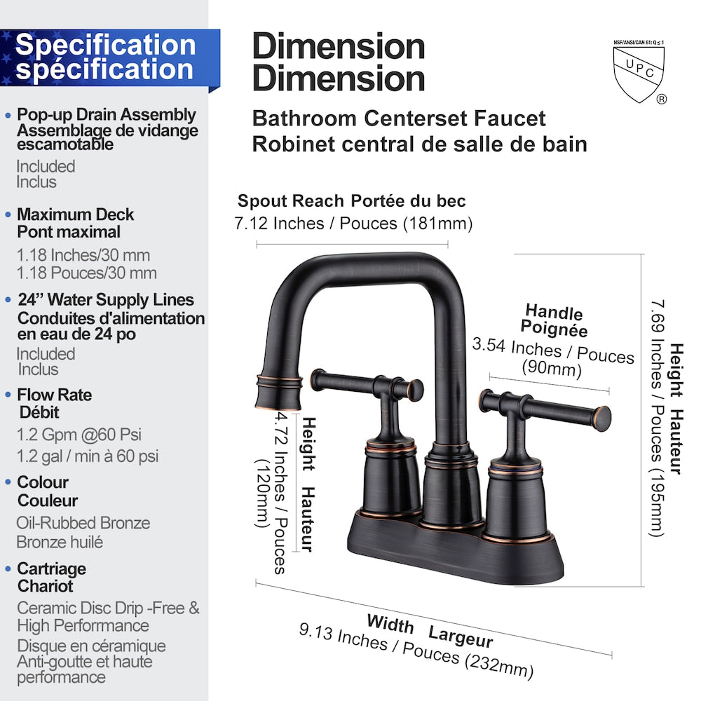 A8 Centerset Faucet 4-inch 2-Handle Bathroom Faucet with Drain Assembly in Oil Rubbed Bronze