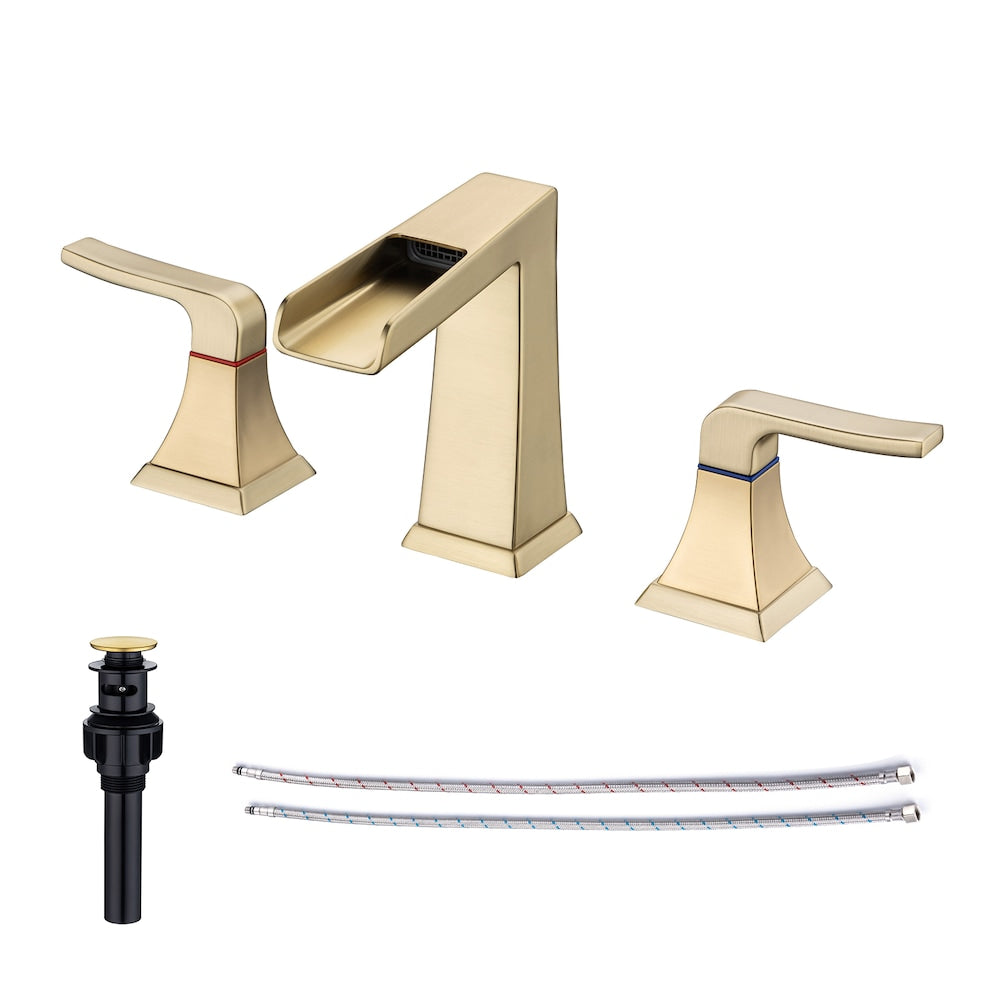 B2 Widespread Faucet 8-inch 2-Handle Bathroom Faucet with Drain Assembly in Brushed Gold