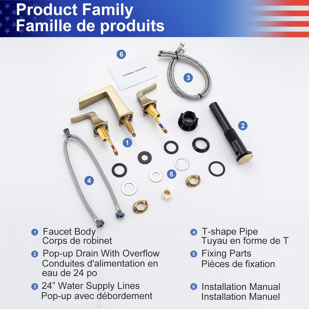 B2 Widespread Faucet 8-inch 2-Handle Bathroom Faucet with Drain Assembly in Brushed Gold