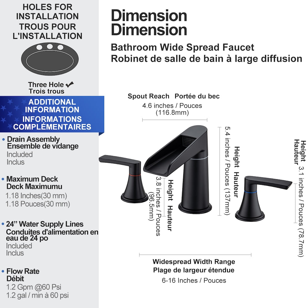 Robinet de salle de bain à 2 poignées de 8 pouces B5 avec ensemble de vidange en noir mat