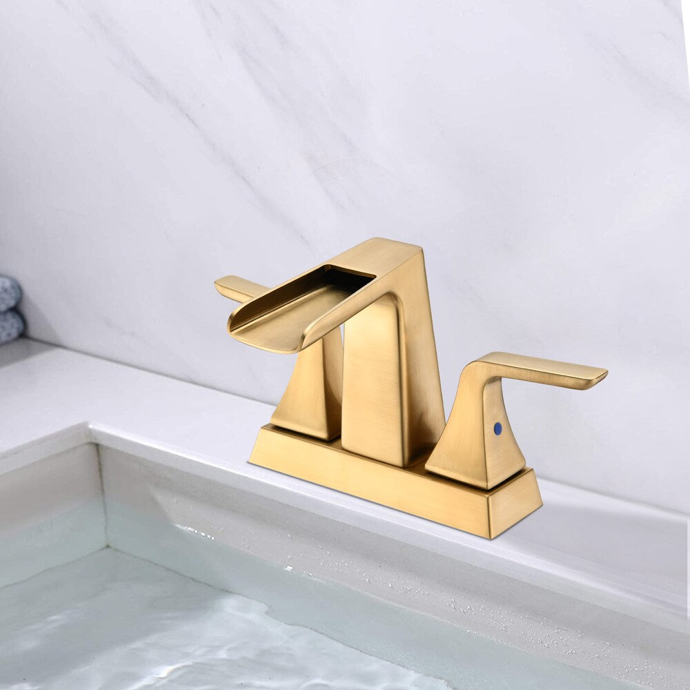 4 inch Centerest Double Handle Bathroom Sink Faucet with Drain Assembly in Brushed Gold