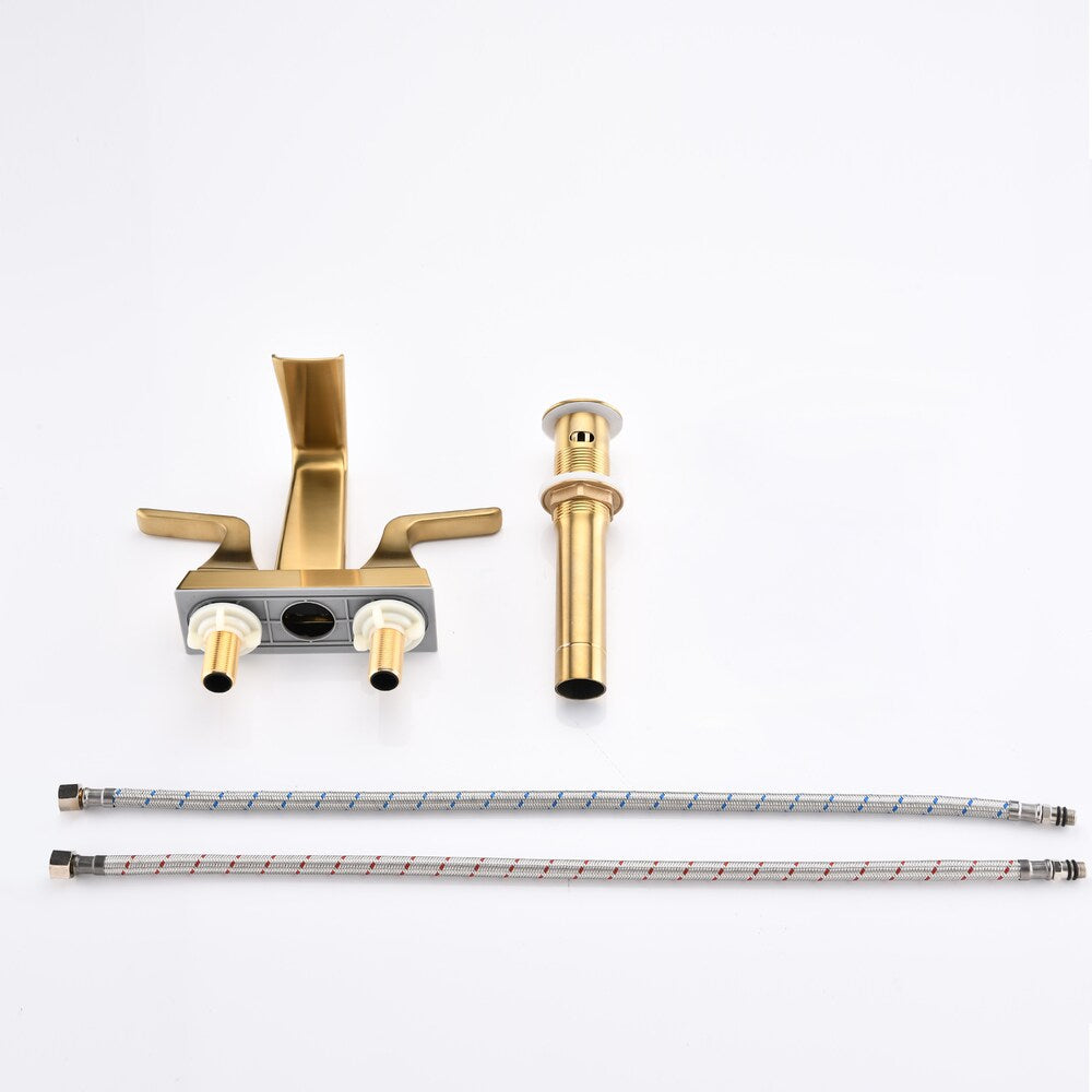 4 inch Centerest Double Handle Bathroom Sink Faucet with Drain Assembly in Brushed Gold