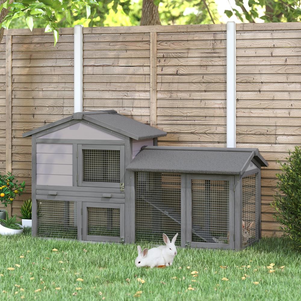 Wood Rabbit Hutch Backyard Bunny Cage Small Animal House Asphalt Roof w/ Ramp and Outdoor Run