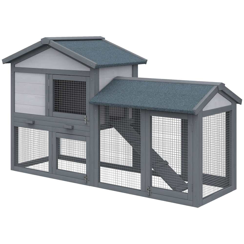 Wood Rabbit Hutch Backyard Bunny Cage Small Animal House Asphalt Roof w/ Ramp and Outdoor Run