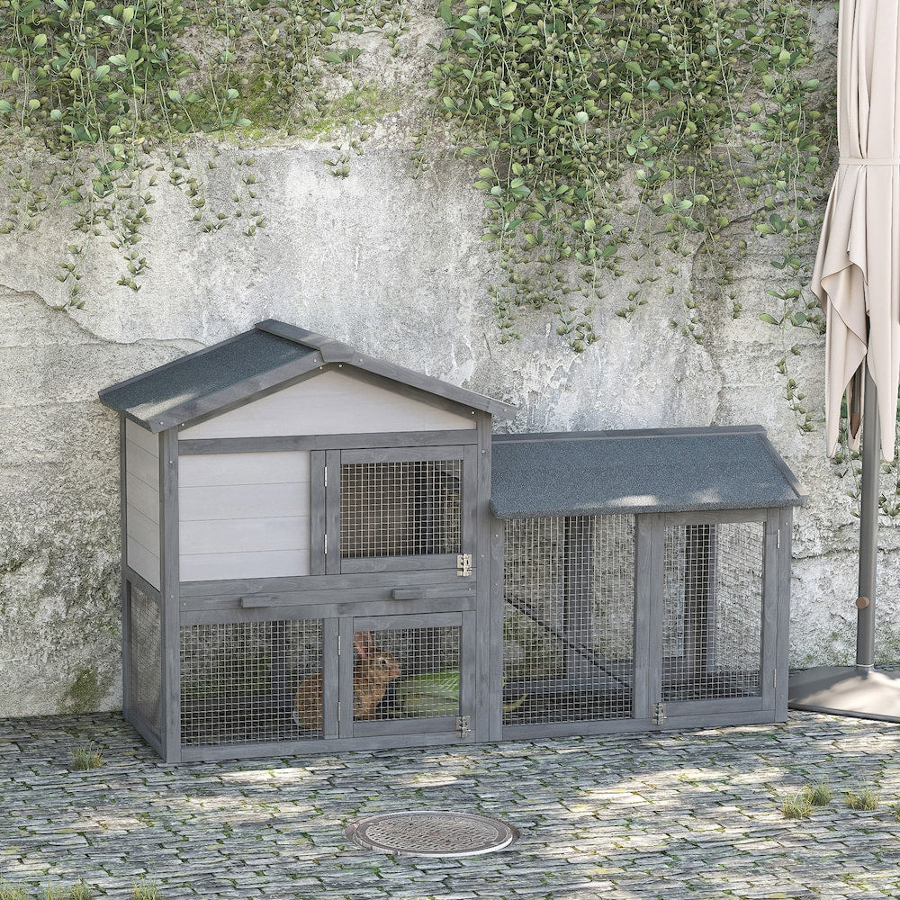 Wood Rabbit Hutch Backyard Bunny Cage Small Animal House Asphalt Roof w/ Ramp and Outdoor Run