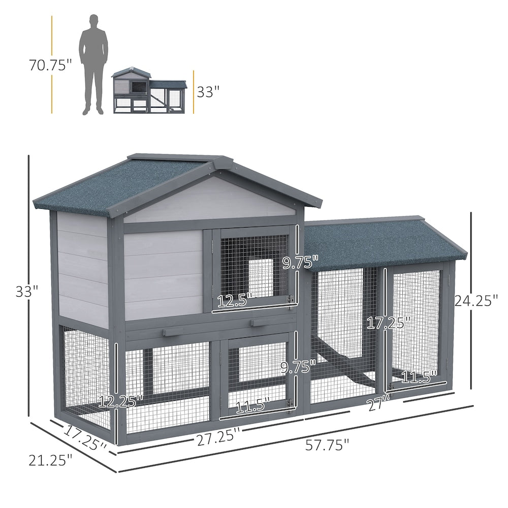 Wood Rabbit Hutch Backyard Bunny Cage Small Animal House Asphalt Roof w/ Ramp and Outdoor Run