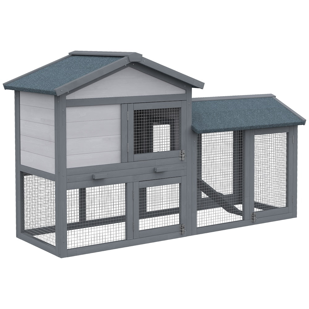 Wood Rabbit Hutch Backyard Bunny Cage Small Animal House Asphalt Roof w/ Ramp and Outdoor Run