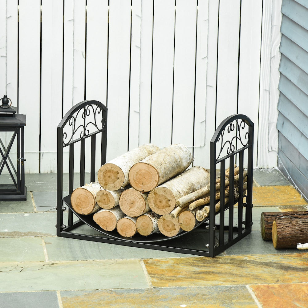Firewood Rack with Side Scrolls, Curved Log Holder, Black