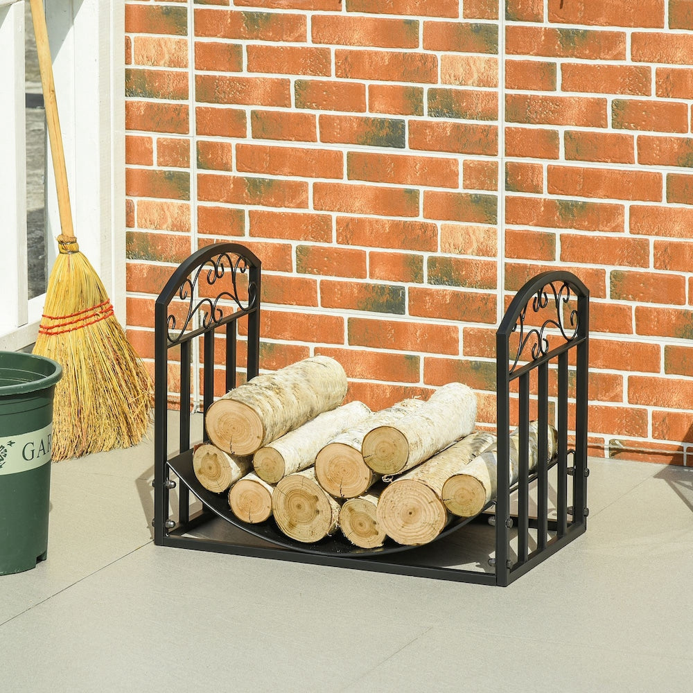 Firewood Rack with Side Scrolls, Curved Log Holder, Black