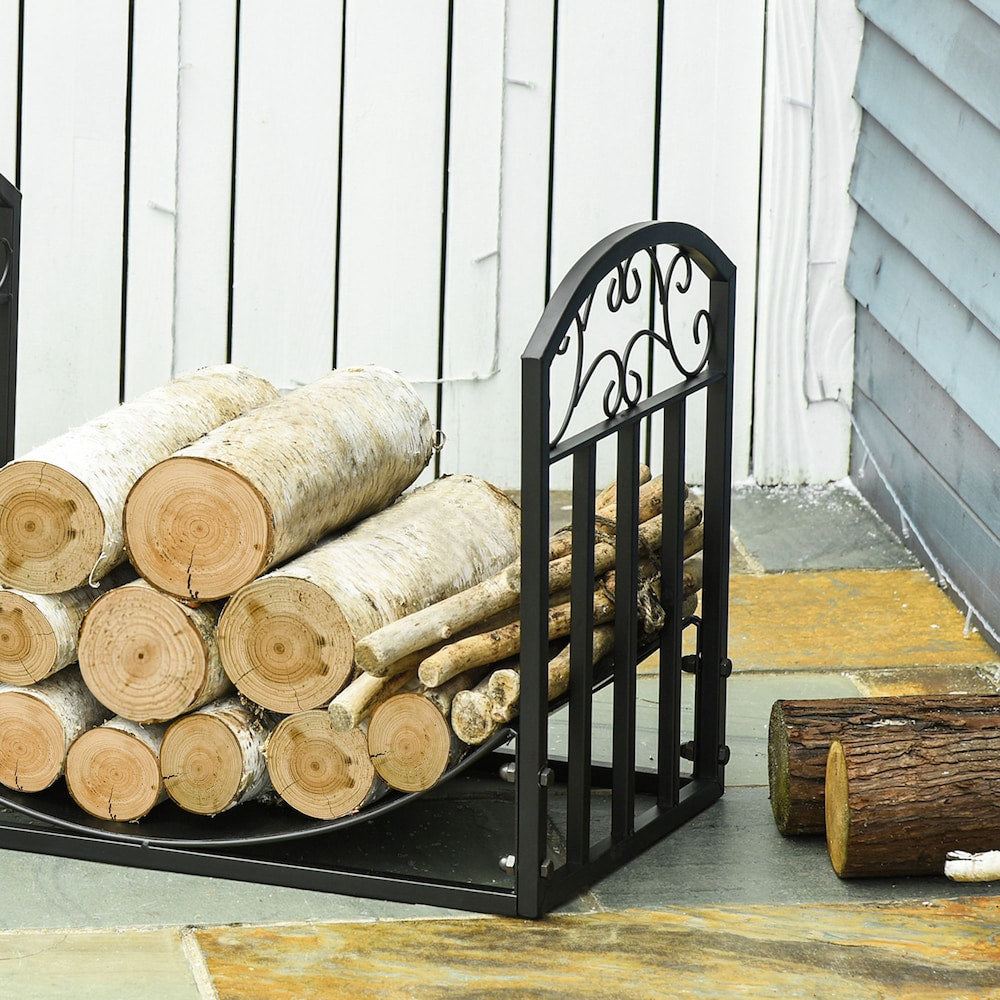 Firewood Rack with Side Scrolls, Curved Log Holder, Black