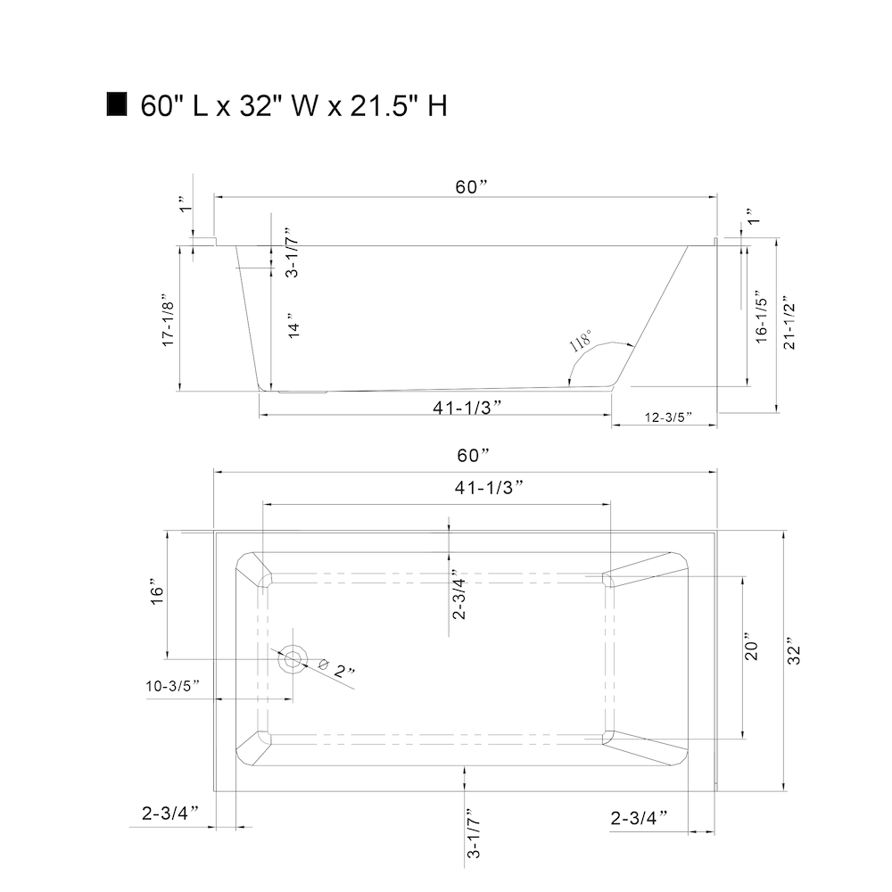 Baignoire rectangulaire en alcôve de 5 pieds avec drain à gauche en blanc/noir mat