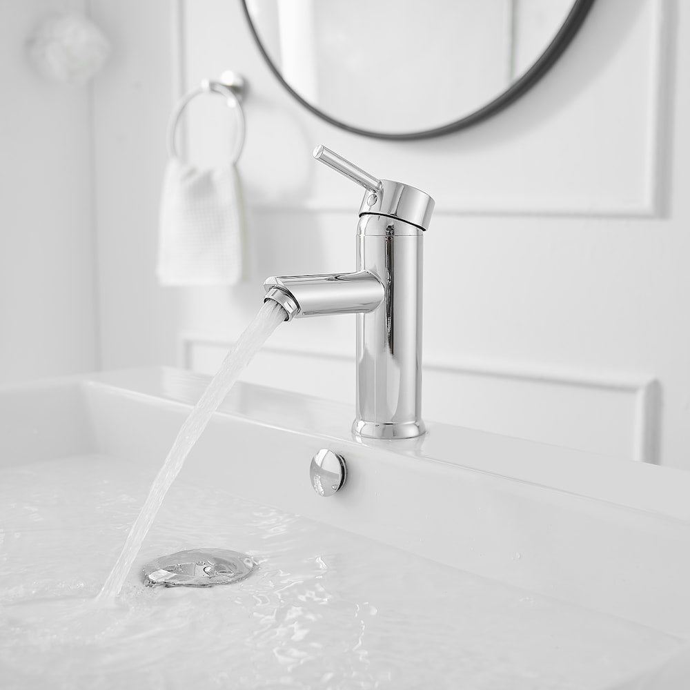 Robinet de salle de bain à poignée unique et trou unique avec bonde escamotable en chrome poli