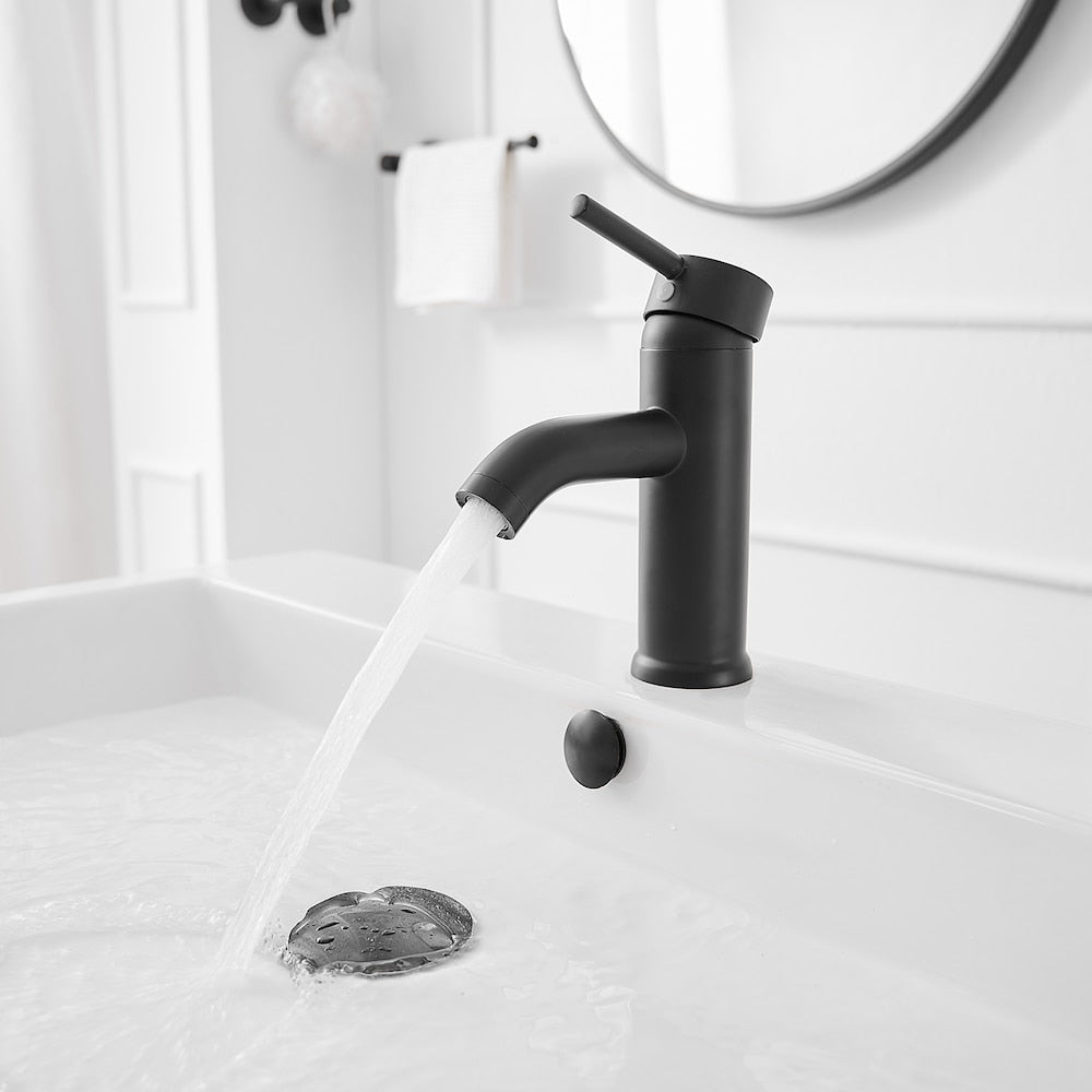 Robinet de salle de bain à poignée unique et trou unique avec bonde escamotable en noir mat
