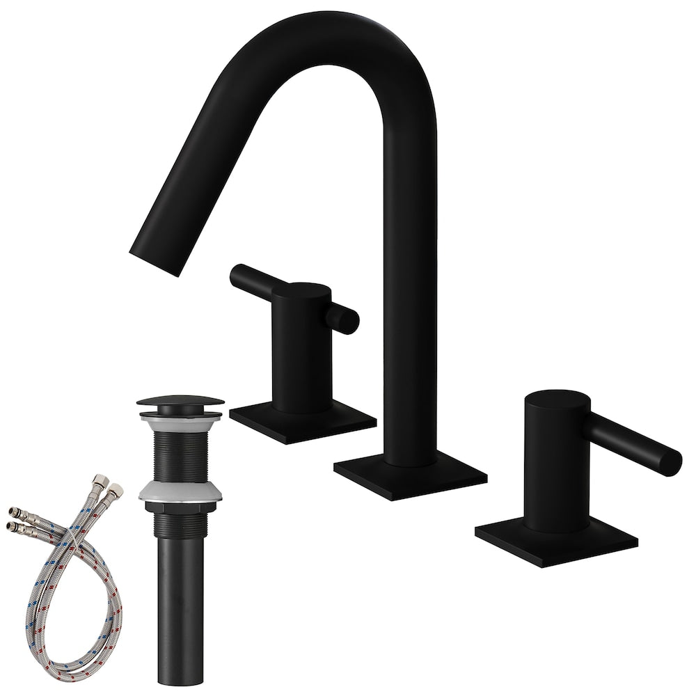 Robinet de salle de bain à double poignée à arc élevé de 8 po à économie d'eau avec kit de vidange en noir mat