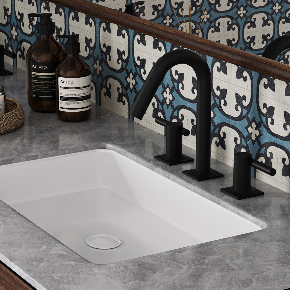 Robinet de salle de bain à double poignée à arc élevé de 8 po à économie d'eau avec kit de vidange en noir mat