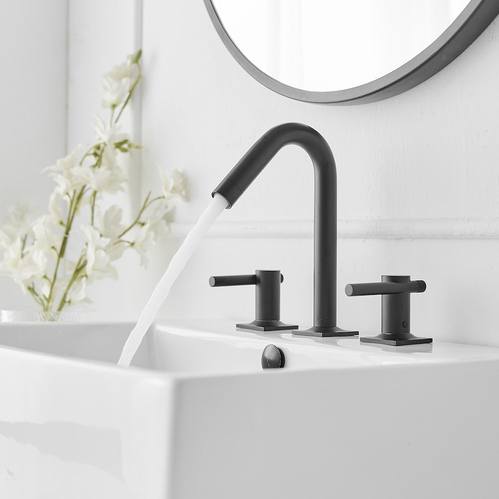 Robinet de salle de bain à double poignée à arc élevé de 8 po à économie d'eau avec kit de vidange en noir mat
