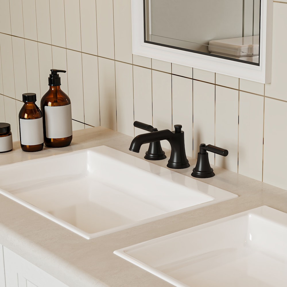 Robinet de salle de bain à double poignée à arc bas et à économie d'eau de 8 po avec ensemble de vidange en noir mat