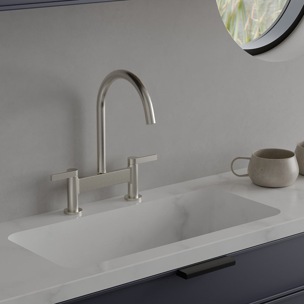 Modern Double Handle 2 Holes Deck Mount Bridge Kitchen Faucet With 360°Spout Sink Faucet In Nickel