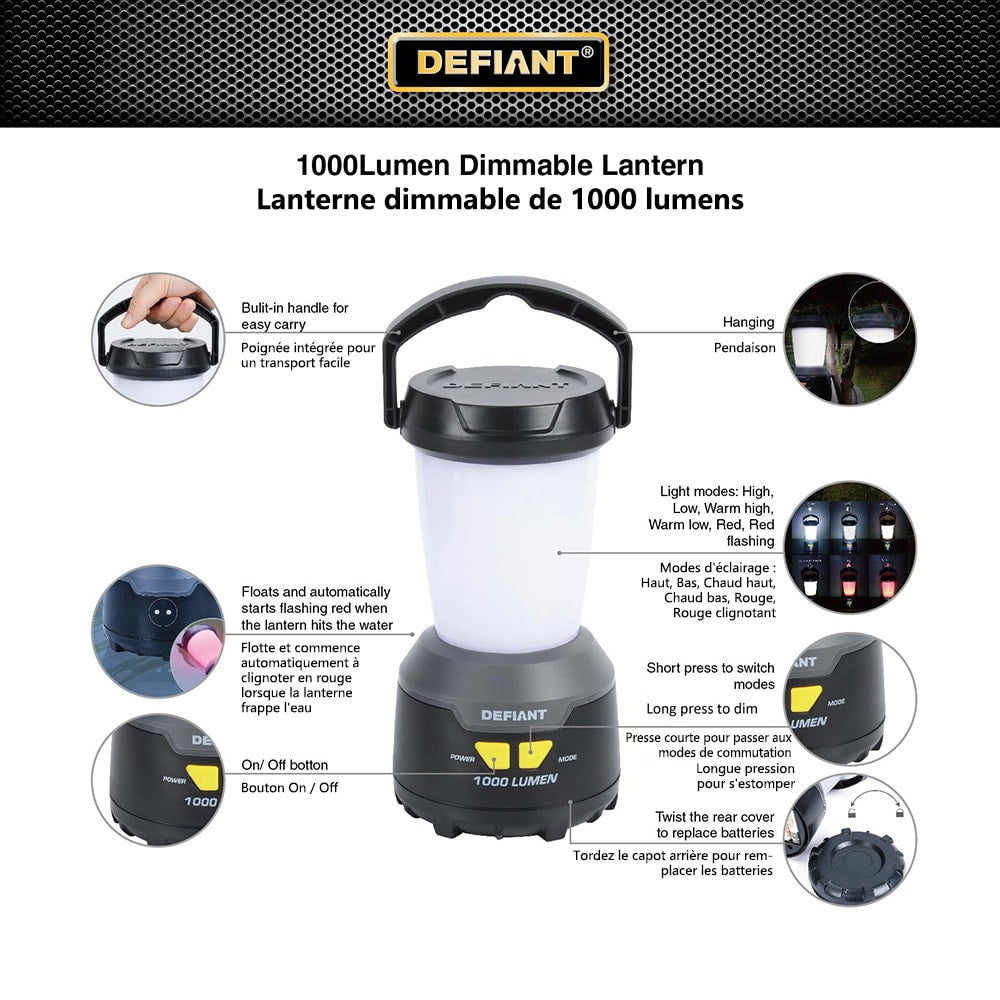 Lanterne flottante résistante aux intempéries à intensité variable pour intérieur/extérieur de 1 000 lumens, 6 modes, avec crochet intégré (6 piles AA incluses)