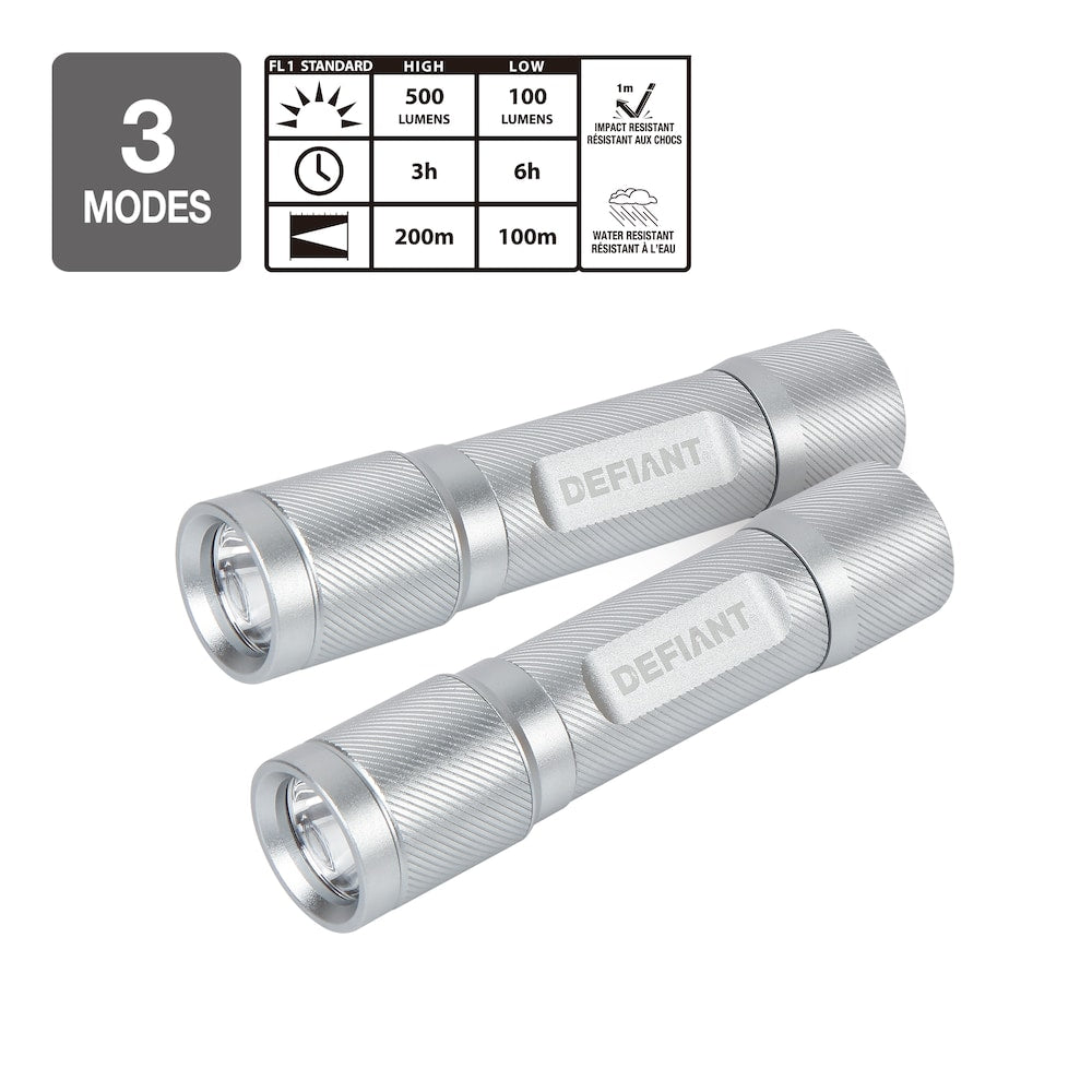 Lampe de poche LED rechargeable en aluminium de 500 lumens à 3 modes avec (2) câbles micro USB (lot de 2)