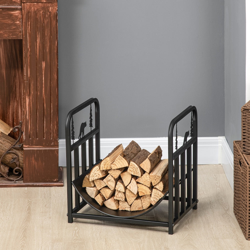 Firewood Rack with Bear and Pine Tree, Log Holder, Black