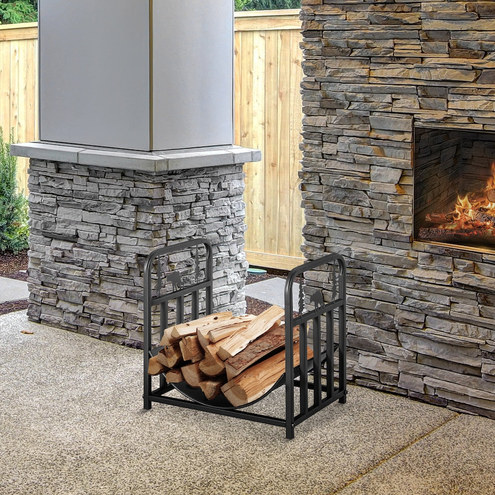 Firewood Rack with Bear and Pine Tree, Log Holder, Black
