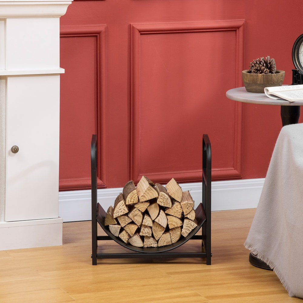 Firewood Rack with Bear and Pine Tree, Log Holder, Black