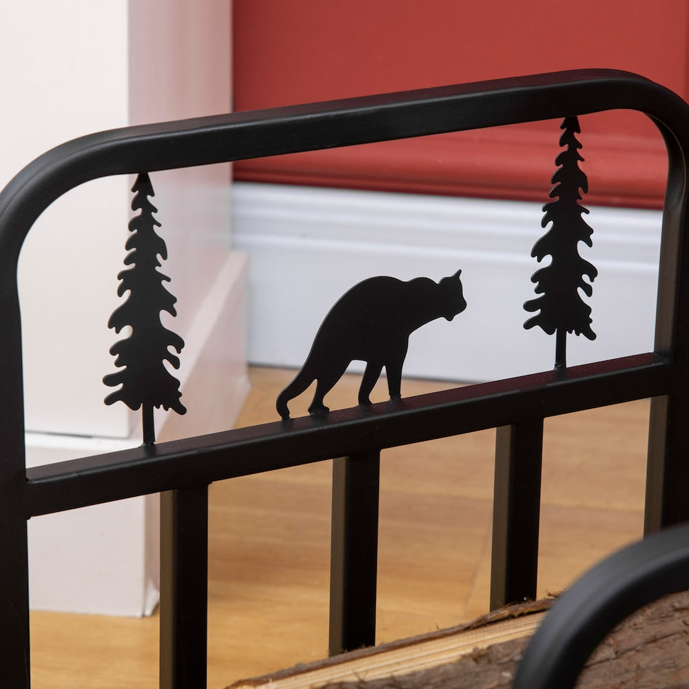 Firewood Rack with Bear and Pine Tree, Log Holder, Black