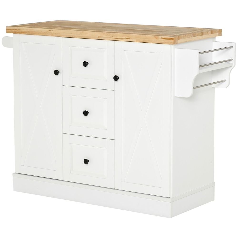 50 inch W Portable Rolling Kitchen Island Cart with Spice Rack and Towel Rack in White