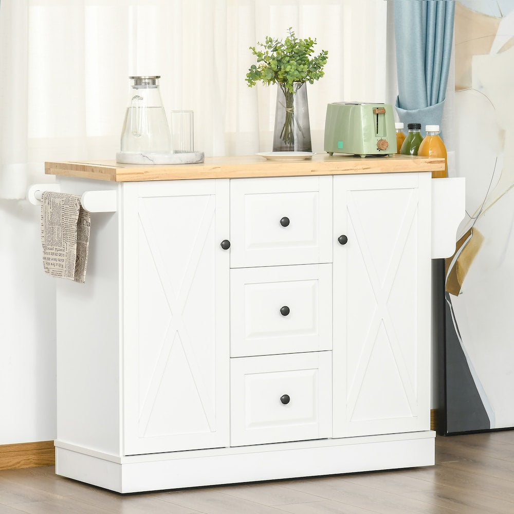 50 inch W Portable Rolling Kitchen Island Cart with Spice Rack and Towel Rack in White