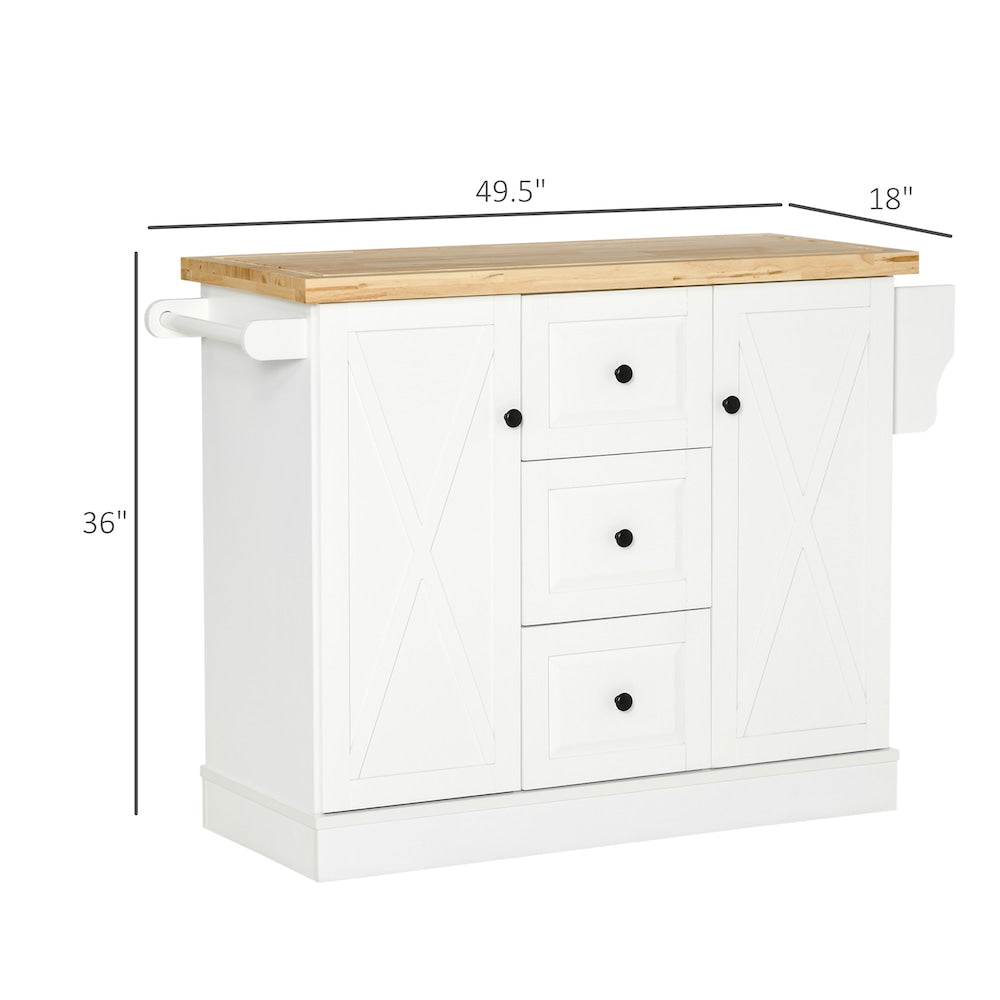 50 inch W Portable Rolling Kitchen Island Cart with Spice Rack and Towel Rack in White