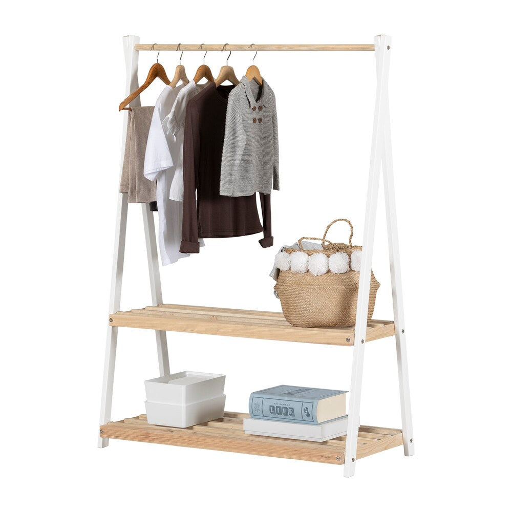 Sweedi 41 po x 19 po x 56 po Portant à vêtements en bois avec étagères de rangement pour enfants Blanc et naturel