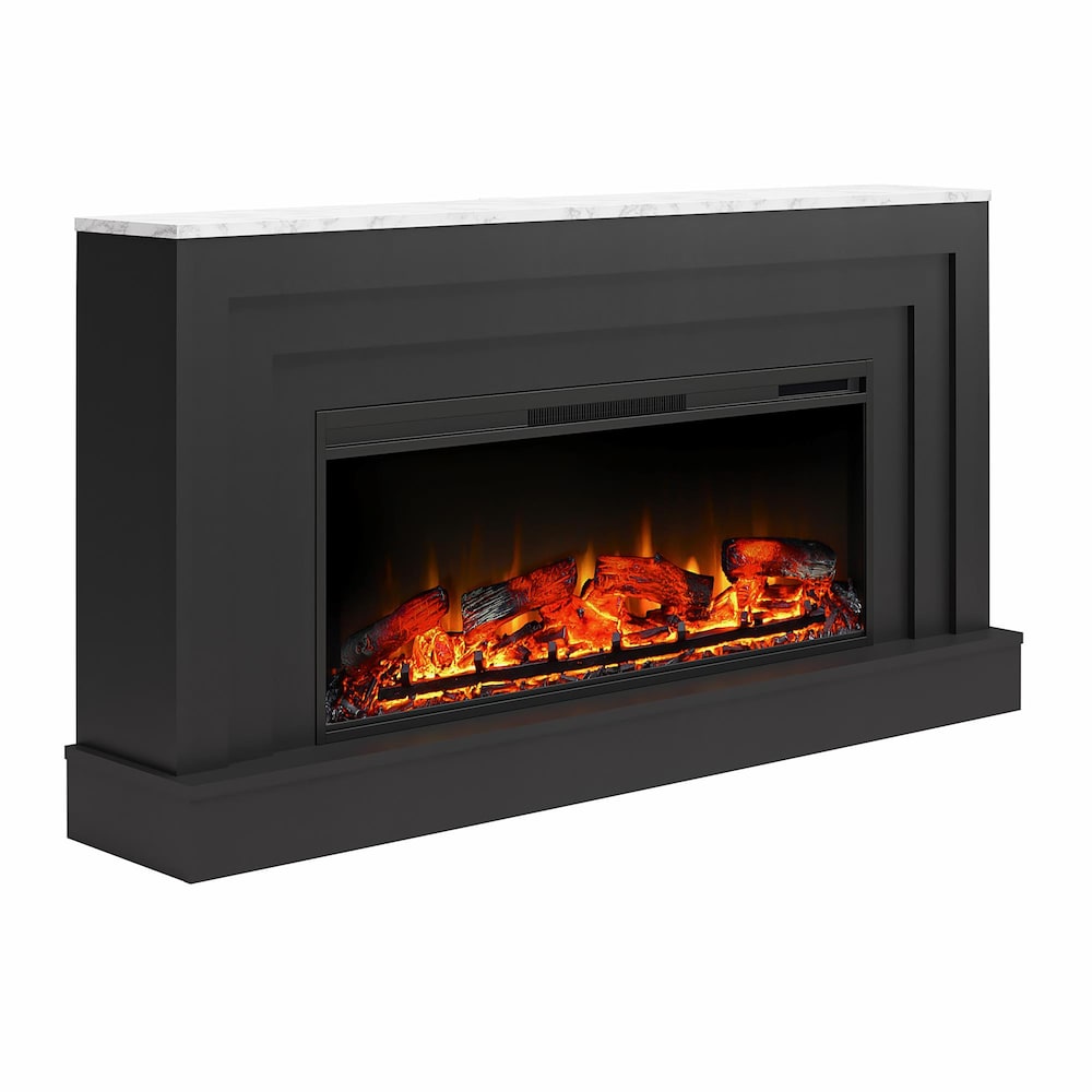 Ameriwood Home Lynnhaven Large manteau de cheminée avec foyer électrique linéaire, noir avec dessus en faux marbre blanc